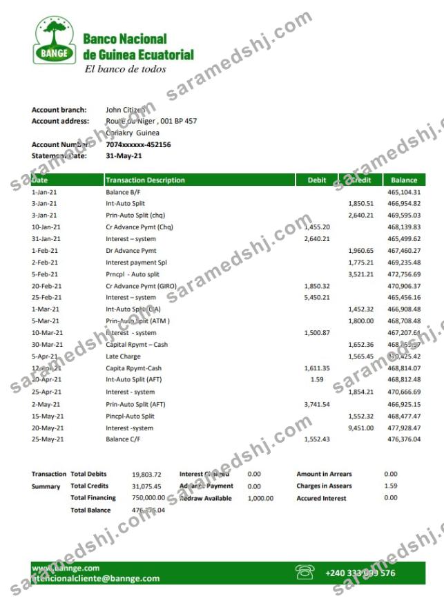 Equatorial Guinea The National Bank statement template in Excel and PDF format